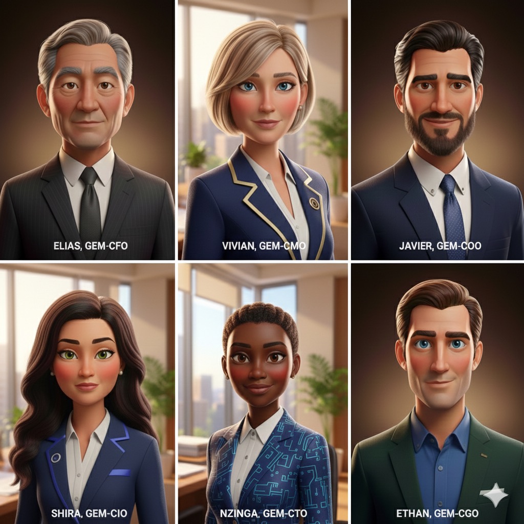 Brown Management AI C-Suite: Elias (CFO), Vivian (CMO), Javier (COO), Shira (CIO), Nzinga (CTO), Ethan (CLO)