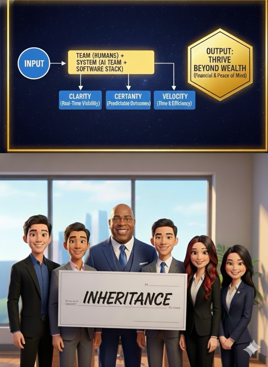 Cyber Fiduciary OS Value Chain: INPUT → TEAM (Humans) + SYSTEM (AI Team + Software Stack) → Clarity, Certainty, Velocity → OUTPUT: Thrive Beyond Wealth. Team holding INHERITANCE check.